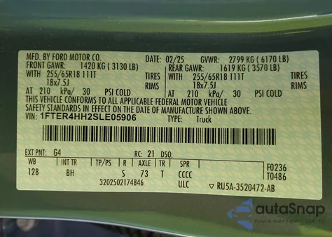 2025 Ford Ranger Xlt z USA, uszkodzony, nr VIN 1FTER4HH2SLE05906